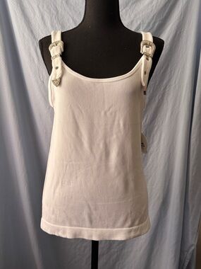 White Ribbed Tank Top with Silver Buckle Strap Detail